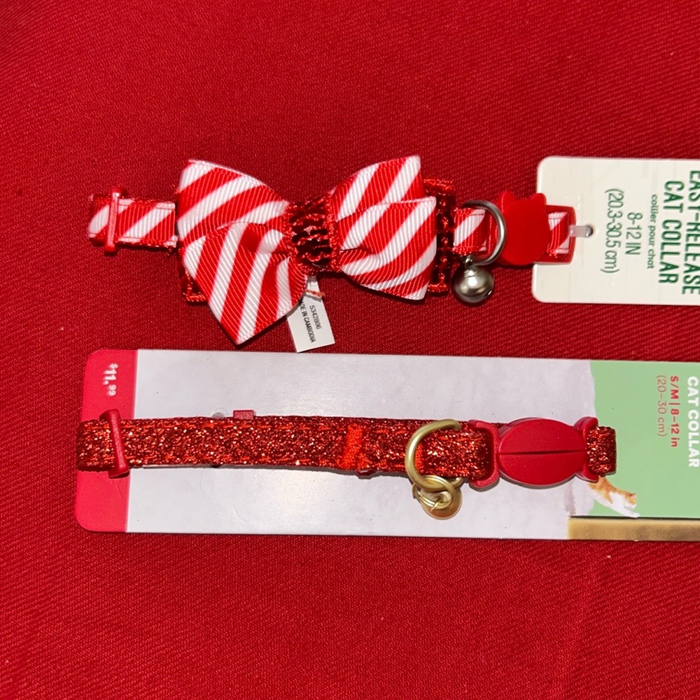 Merry & Bright Peppermint Stripe/More & Merrier Red Glitter Cat Collars
